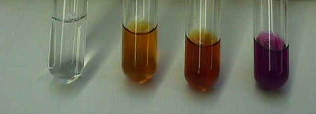 Iodine in water, ethanol, acetone and carbon tetrachloride.